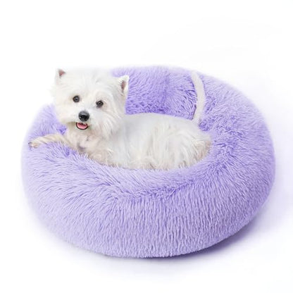 Calming Round Dog Bed & Cat Bed with Anti-Slip Bottom, Medium Size Washable Anti-Anxiety Donut Dog Beds for Small Dogs & Cats, Fluffy Plush Soft Dog Bed(24 Inch, Purple) - color: Purple, size: 24"l x 24"w x 8"th