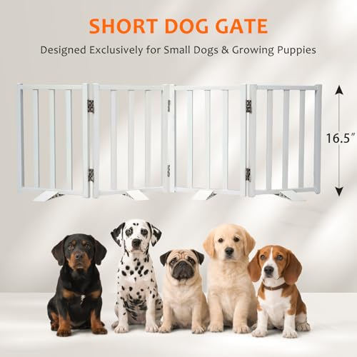 Snagle Paw Short Dog Gate,16.5" Tall Freestanding Metal Dog Gate Only for Small Dogs with Support Feet Easily Step Over,Up to 48" Wide Puppy Gate Indoor for Stairs,Doorways(White,4 Panel) - size: White-4 Panels 16.5"H*48"W