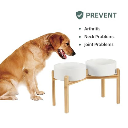 Havniva 8.3” Dog Bowls Elevated Ceramic Dog Food and Water Bowl Set, Double Raised Dog Water Bowl with Stand Non-Slip Rubber Base Large Capacity Feeding Pet Food Bowl for Large Dogs - color: Matte White - 2 Bowls+Stand, size: 8.3 Inch