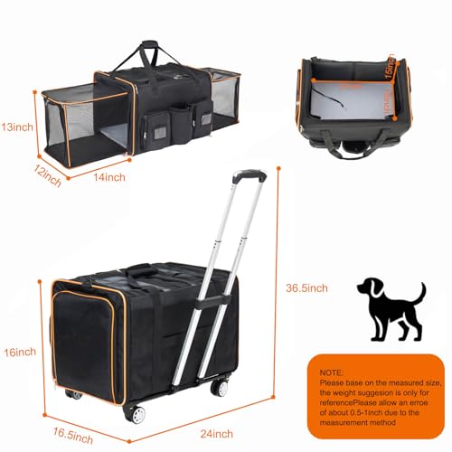 2 in 1 Large Cat Carrier with Wheels, Double Rolling Pet Carrier for Small Cats & Dogs, Dual Expandable Sides Travel Crate with Detachable Wheels & Middle Divider, Breathable Mesh Oxford