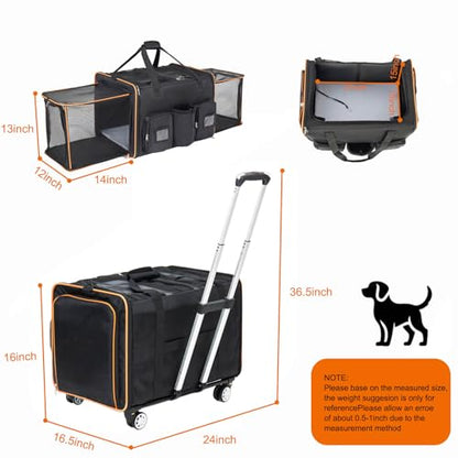2 in 1 Large Cat Carrier with Wheels, Double Rolling Pet Carrier for Small Cats & Dogs, Dual Expandable Sides Travel Crate with Detachable Wheels & Middle Divider, Breathable Mesh Oxford