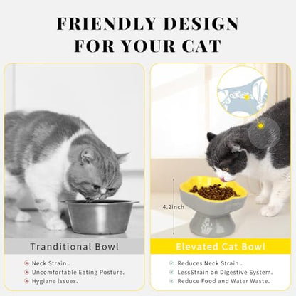 S&Q's CERAMICS Raised Slow Feeder Cat Bowl, Ceramic Elevated Food Bowl Small Dogs Slow Feeder, Flower Shaped Cute Pet Dish for Dry and Wet Food (Yellow, 5.8") - color: Yellow