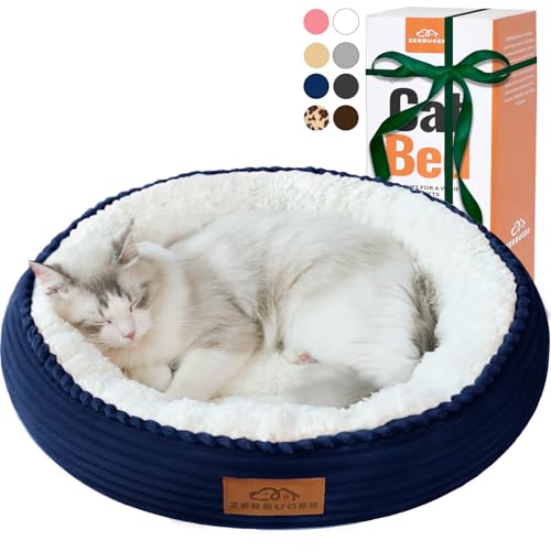 Zerbuger 20in Washable Cat Beds for Indoor Cats - Round Donut Pet Bed for Cats, Small Dogs, Puppy, Kitten - Anti-Slip Bottom, Calming Bed Gift - Navy Blue - color: Navy Blue, size: Small