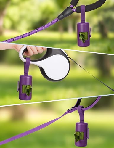 Gobeigo Dog Poop Bag Holder【Convenient Hook for Used Bags】【Silicone Strap Fits Any Leash】【Large Opening for Easy Dispensing】with 1 Roll Waste Bags (Purple) - color: Purple