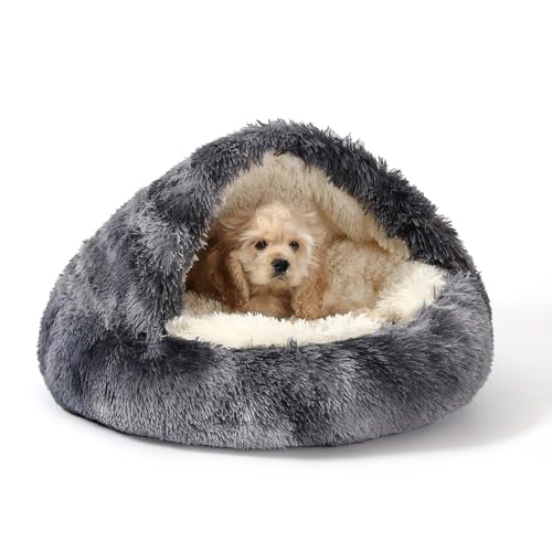 NOYAL Round Hooded Donut Dog Bed for Small & Medium Pets - Plush Fluffy Anti-Anxiety Cat Cave Bed with Cover - color: Bandhnu Dark grey, size: Small 19.6''