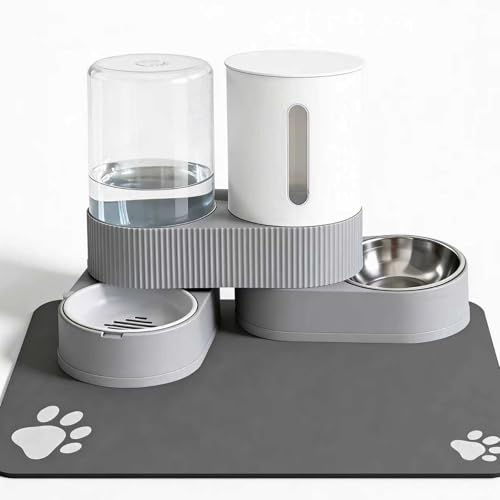 Gravity Cat Feeder 2 Pack Automatic Food Feeder and Water Dispenser Set Detachable Pet Bowl with Silicone Mat for Cats Small Medium Dogs, Large Capacity(Grey) - color: Grey-With mat