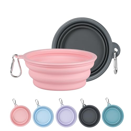 Kytely Collapsible Dog Bowls for Travel, 2Pack Dog Portable Water Bowl, Foldable Pet Food Bowl with Clasp, Pet Cat Feeding Cup Dish for Traveling, Walking, Hiking - color: Grey & Pink, size: Small