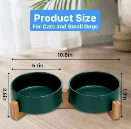 Ceramic Cat and Small Dog Bowl Set – Modern Indoor Small Size Pet Food and Water Bowls with Wood Stand – Non Slip Puppy Sized Feeding Station with Double Dishes (Green) - color: Green