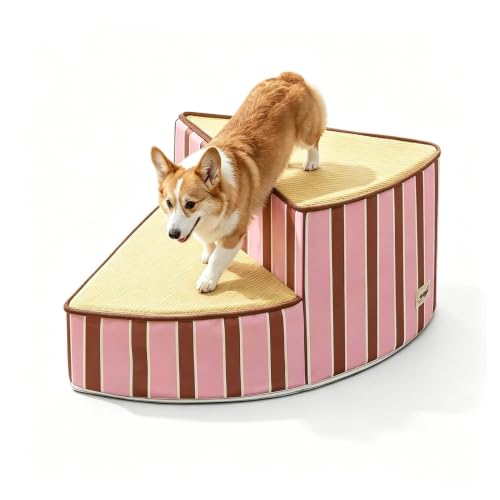 Curved Dog Stairs for Small Dogs & Cats – Pet Steps with Non-Slip Textured Surface, Removable Washable Cover & High-Density Foam(Pink,2-Step) - color: Pink, size: 2-Step