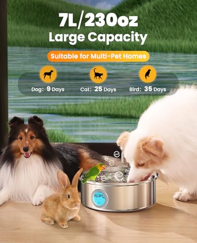 Oneisall Dog Water Fountain PWF002 | 7L/230oz Contain 5 Set Filters,25dB Quiet,Stainless Steel,Visual Water,5-Layer Filtration