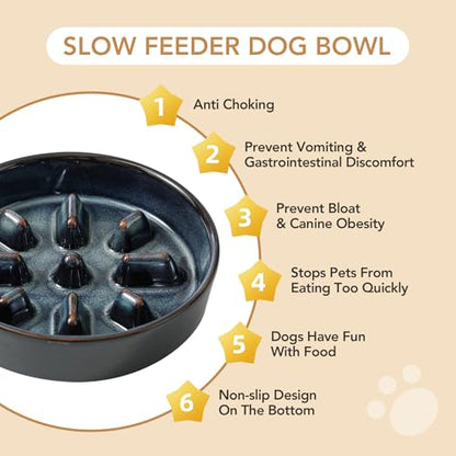Havniva 1.2 Cup Elevated Slow Feeder Dog Bowls, 7.3” Dog Slow Feeding Bowls + 6.1” Ceramic Dog Water Bowls Set with Acacia Wood Stand, Dog Food Bowls Puzzle Feeder for Small Dogs Non-Slip Anti-choking - color: 2 x Starry Sky + Stand - C, size: M- 7.3inch