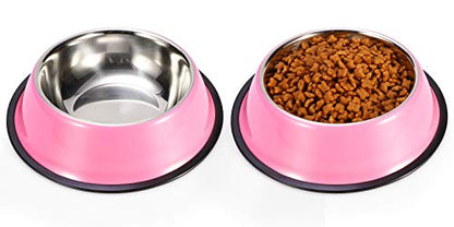 Stainless Steel Dog Bowls, Food and Water Non Slip Anti Skid Stackable Pet Puppy Dishes for Small, Medium and Large Dogs (2 Pack) - color: Pink, size: 2¼ Cup/18 oz