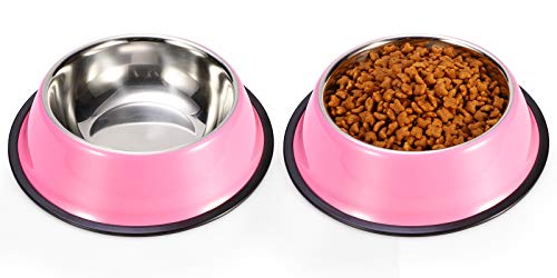 Stainless Steel Dog Bowls, Food and Water Non Slip Anti Skid Stackable Pet Puppy Dishes for Small, Medium and Large Dogs (2 Pack) - color: Pink, size: 3¾ Cup/30 oz