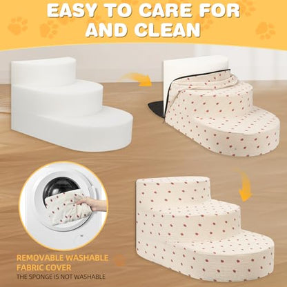 Dog Stairs 3 Steps Foam Pet Ramp for Small Dogs Cats, Strawberry | Non-slip foam stairs with washable cover, ideal for beds & sofas. Sturdy, safe & easy to clean. - color: Strawberry-3-Step
