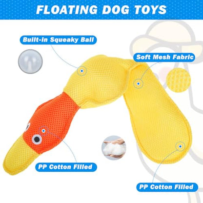 EXPAWLORER Floating Dog Water Pool Toys - 2 Pack Stuffed Duck Dog Toys Long, Pet Summer Essentials for Fetch & Training, Built-in Squeaky Ball Loud Sound for Small Medium Large Breeds, Yellow
