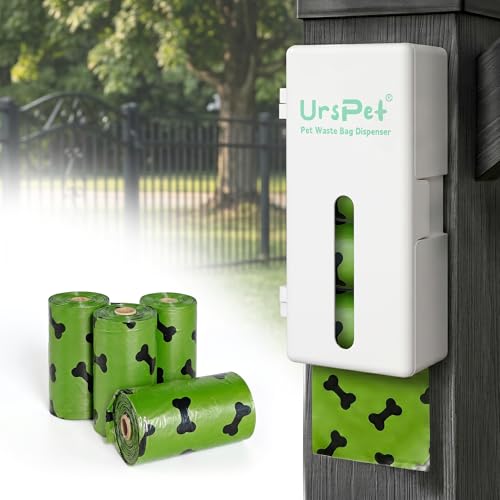 URSPET Dog Poop Bag Dispenser with 4 Rolls, Wall Mount Pet Waste Holder | Stick-On or Screw-On, Viewing Window, Easy Bag Pull, Flip-Top Refill, 60 Bags Included, Indoor and Outdoor Use - color: White