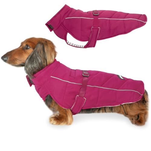 DJANGO Insulated Puffer Dog Jacket with Harness Hole – Warm, Water-Repellent Winter Dog Coat Small Dogs, Dachshunds, Puppies – Adjustable, Reflective Cold Weather Dog Apparel – Hibiscus Pink, Small - color: Hibiscus Pink, size: Small