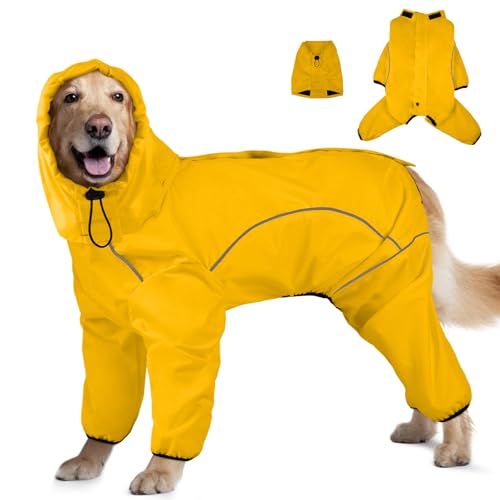 Dog Raincoat, Waterproof Dog Rain Jacket with Removable Hood，Adjustable 4 Legs Pet Poncho with Leash Hole，Reflective Stripe Hooded Snowproof Windproof Clothes for Small to 3X-Large Dogs, S - color: LightYellow, size: S