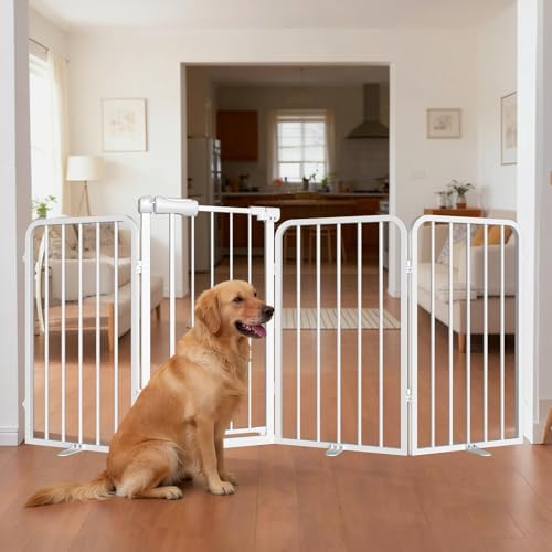 WAOWAO Heavy-duty Freetanding Dog Gate with Door, 71"Extra Wide 30"Tall Metal Puppy Pet Gate for Indoor, Foldable Gate for Doorways, Stairs, Hallways, House, Free Standing /Wall Mounted Gate 4 Panels - size: 4 Panel - 71”Wide