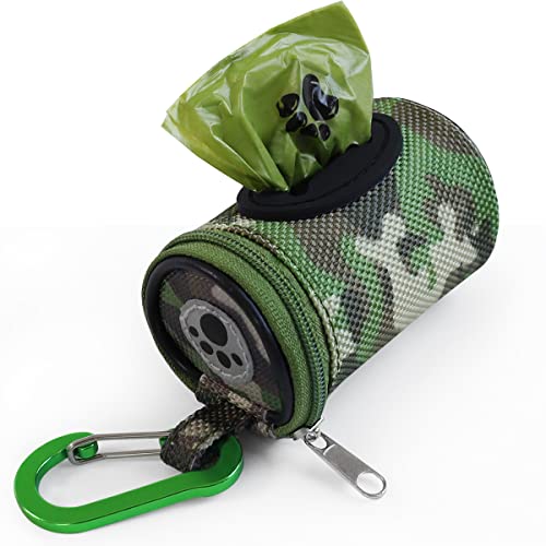 FURHAB Dog Poop Bag Holder for Leash Doggie Waste Bag Dispenser Puppy Potty Carrier Small Doggy Zipper Pouch with Carabiner Clip 1680D Nylon Oxford with 1 Roll of Pet Trash Bags, Woodland Camo - color: Woodland Camo