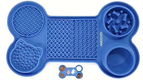 Pet Feeding Dishes,Slow Feeder Lick Mat for Dogs,Cat Licking Mat with Strong Suction Cups - 6-in-1 Interactive Snuffle Mat for Fast Eaters,Anxiety Relief,Grooming & Bath Time (Dark Blue) - color: Dark Blue