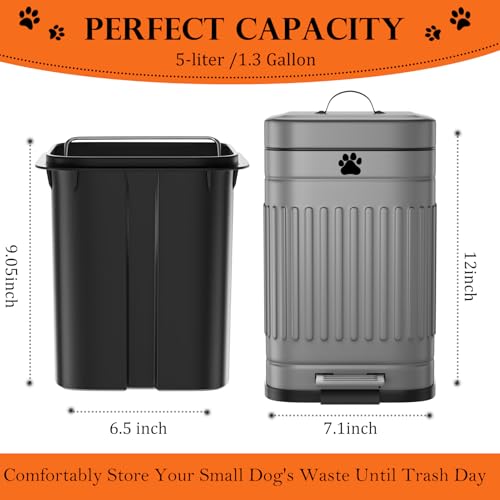 Dog Poop Trash Can Outside, 5L/1.3Gal Metal Dog Waste Trash Can with Lid, Foot Pedal, Pet Waste Container with 40 Bags, Poop Bucket with Lid Soft Close for Pet, Grey - size: 5L Grey Trash Can