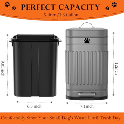 Dog Poop Trash Can Outside, 5L/1.3Gal Metal Dog Waste Trash Can with Lid, Foot Pedal, Pet Waste Container with 40 Bags, Poop Bucket with Lid Soft Close for Pet, Grey - size: 5L Grey Trash Can