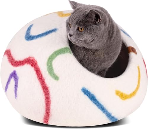 MEOWFIA Cat Cave – Premium Felt Cat Bed Enclosure for Indoor Cats, Handmade Merino Wool (Ivory Rainbow, Large) - color: Ivory Rainbow, size: Large