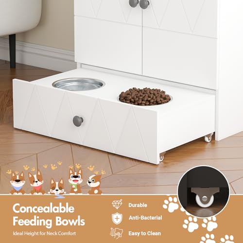 Pet Feeding Station with Storage, Raised Dog Bowls, Pet Feeder Cabinet, with Adjustable Shelves, Rolling Drawer, Hooks, for Feeding & Watering Supplies (Light) - color: Light