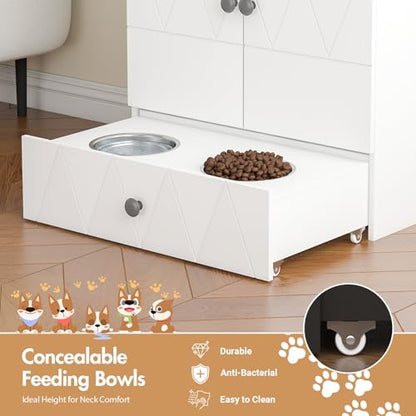 Pet Feeding Station with Storage, Raised Dog Bowls, Pet Feeder Cabinet, with Adjustable Shelves, Rolling Drawer, Hooks, for Feeding & Watering Supplies (Light) - color: Light