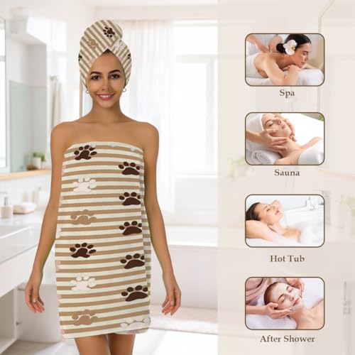 Dog Paw Stripes Microfiber Bathrobe and Hair Towel Wrap Set for Women Quick Dry Shower Towels Wrap Absorbent Soft Bath Robe and Hair Drying Cap for Spa After Shower