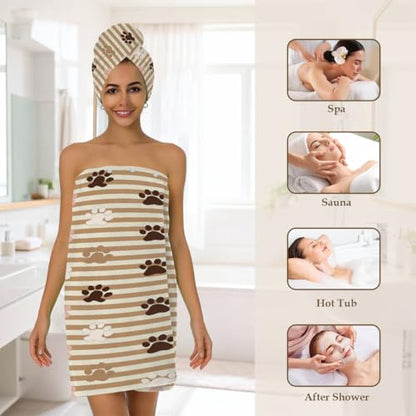 Dog Paw Stripes Microfiber Bathrobe and Hair Towel Wrap Set for Women Quick Dry Shower Towels Wrap Absorbent Soft Bath Robe and Hair Drying Cap for Spa After Shower