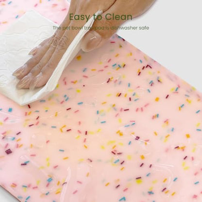 PWTAA Dog Food Mat Anti-Slip Silicone Dog Bowl Mat Thicker Pet Placemat Waterproof Cat Feeder Pad with Raised Edge Puppy Kitten Feeding Mats Suitable Small Medium-Sized Dogs Cats Eating Tray - 2PCS - color: Donut Pink, size: 19.4" x 9.8"-2PCS