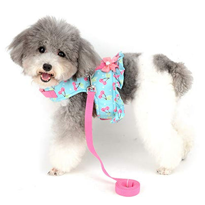 Zunea No Pull Small Dog Girl Harness Dress Escape Proof Cat Kitten Vest Harness Leash Set Step-in Soft Cotton Padded Cherry Printed Jacket Chihuahua Puppy Clothes with Bow for Walking Blue S - color: blue cherry, size: S (Chest:14.5-15.7", Neck:9-9.8")