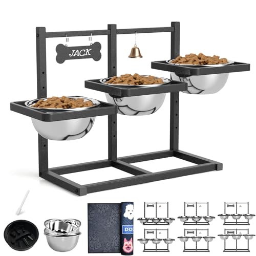 Elevated Dog Bowls for Large Dogs, 6 Height Adjustable Raised Stand with Mat, Slow Feeding Bowl and Three 1700ML Bowls, for Large Breed and Multi-Pet Households - color: Black, Slow Feeder with 3 Bowls and Mat, size: Large Dogs