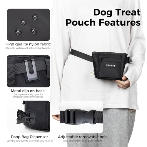 Dog Treat Pouch, Powerful Magnet Closure Device Dog Training Treat Bag Large Capacity Pet Treat Pouch with Poop Bag Dispenser Treat Bag for Dog Training with Metal Waistband Clip (Black) - color: Black