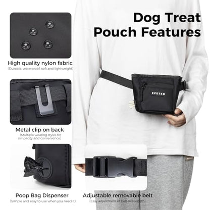 Dog Treat Pouch, Powerful Magnet Closure Device Dog Training Treat Bag Large Capacity Pet Treat Pouch with Poop Bag Dispenser Treat Bag for Dog Training with Metal Waistband Clip (Black) - color: Black