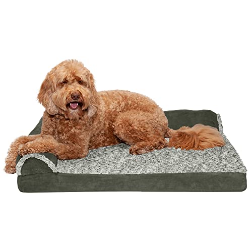 Furhaven Orthopedic Dog Bed for Large/Medium Dogs w/ Removable Bolsters & Washable Cover, For Dogs Up to 55 lbs - Two-Tone Plush Faux Fur & Suede L Shaped Chaise - Dark Sage, Large - color: Dark Sage, size: Large
