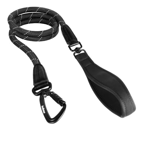 PetBonus Rope Dog Leash, 5 FT Heavy Duty Pet Nylon Leash with Auto Locking Aviation Aluminum Carabiner, Comfortable Padded Handle, Reflective Walking Training Lead for Medium Large Breeds (Black) - color: Black