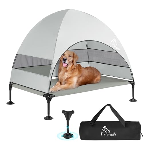 Upgraded Elevated Dog Bed with Canopy, Portable Raised Outdoor Dog Bed with Stable Anti-Slip Feet, Removable Wider Shade, Raised Dogs Cot for Large Pets Camping, Indoor & Outdoor Use - color: Dog Canopy-Grey, size: 42.0"L x 30.0"W x 33.0"Th