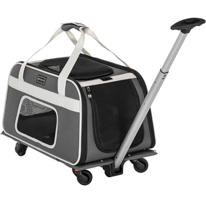PETSFIT Airline Approved Cat Carrier with Wheels Designed for Small Dogs/Cats with Adjustable Safety Rope & Removable Wheels - color: Gray, size: 20.1"L x 12.2"W x 14.2"H