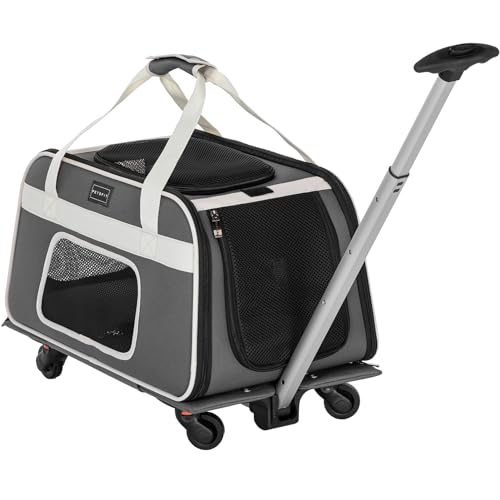 PETSFIT Airline Approved Cat Carrier with Wheels Designed for Small Dogs/Cats with Adjustable Safety Rope & Removable Wheels - color: Gray, size: 20.1"L x 12.2"W x 14.2"H