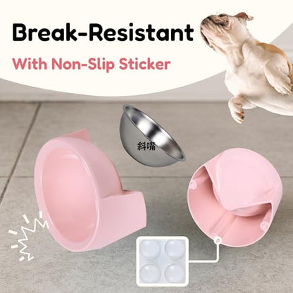 Tilted Dog Bowl for Flat-Faced & Senior Dogs, 15° Slanted Stainless Steel Dog Food Bowl, Elevated Pet Feeder for Small & Medium Dogs (Pink + Light Blue, M (420 ML / 1.5 Cups)) - color: Pink + Light Blue