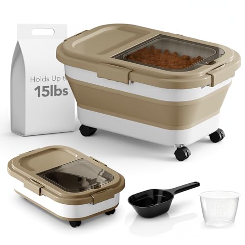 Summark Ca15 Lbs Dog/Cat Food Storage Container,Collapsible Food Storage Containers with Rolling Wheel Airtight Locking Lid,Pet Food Storage Container with Cup and Scoop,Khaki - color: Khaki