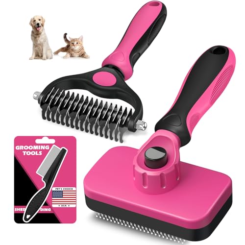 Professional 3PCS Self Cleaning Slicker Brush & Pet Grooming Rake & Flea Comb for Dogs,Cats and Horses | Double-Sided Dematting Comb & Skin Friendly Deshedding Grooming Tool | Pet Supplies (Red) - color: Red