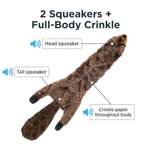 24” Stuffing-Free Dog Toy – Plush Beaver with 2 Squeakers & Crinkle Paper, Flat Body Quilted Design for Interactive Play, Medium & Large Dogs - color: Brown