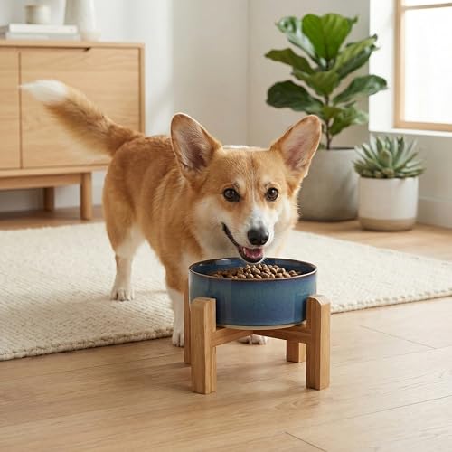 hjn Elevated Ceramic Dog Bowl with Bamboo Stand, Raised Pet Feeding Station for Small Medium Dogs Cats, Modern Design with Anti-Slip Base (Deep Blue, 3.6Cup) - color: Deep Blue, size: 3.6Cup