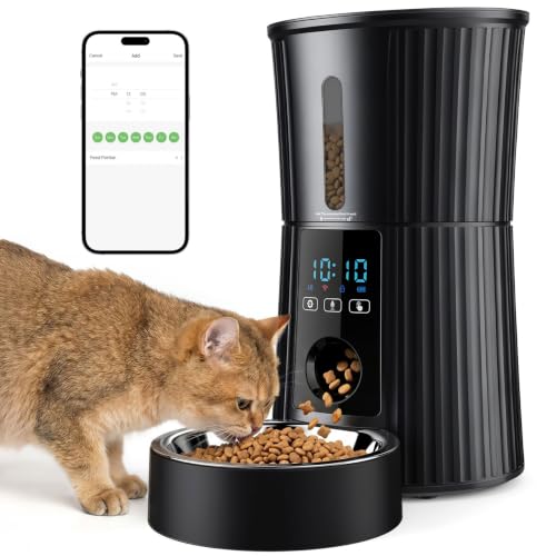 NEWBULIG 4L Automatic Cat Feeder with APP Control, 2.4G WiFi Timed Pet Feeders for Dry Food, 10 Meals/Day, 50 Portions/Meal, Dog Food Dispenser with 10s Voice Recorder, Dual Power Supply, Black - color: Black, size: 4 L - WiFi