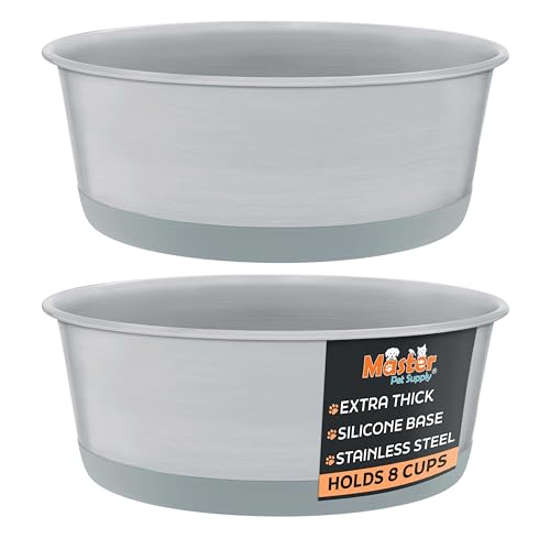 Master Pet Supply Stainless Steel Dog Bowls Set of 2 with Extra Thick Silicone Base - 8 Cup (64 oz) Graphite, Non-Slip, Dishwasher Safe Metal Bowls, Pet Dog Food Bowl for Dogs, Cats, Anti Rust - color: Graphite, size: 8 Cups (64 oz) 2 Pack