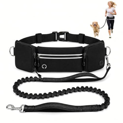 Hands Free Dog Leash 3 Zipper Pounchs with Reflective Strips Poop Bag Dispenser,Waterproof Dog Walking Belt,Dual Handles and Durable Bungee,Waist Leash for Dog Walking,Jogging and Running - color: Black